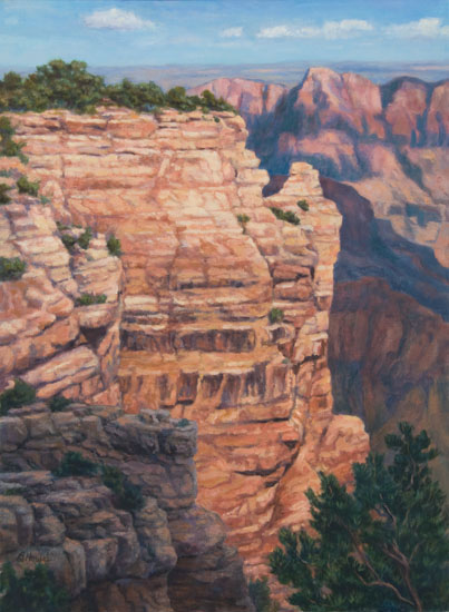Walhalla Plateau 3 - Fast Moving Clouds Painting by Brenda Howell showing dramatic light on canyon formations at the north rim of Grand Canyon National Park in Arizona.
